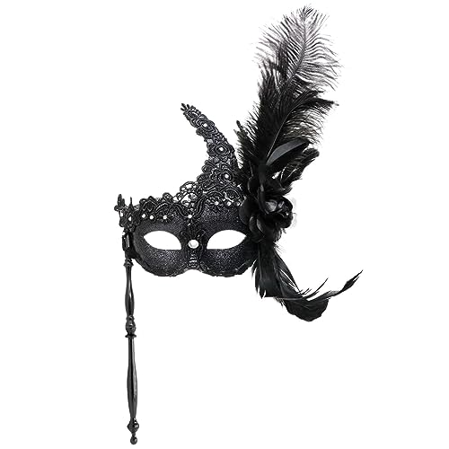 Thmyo Feder Strass Maskerade Maske mit Haltestab Federn Venezianische Halloween Kostüm Maske Karneval Feder Metall Maskerade Maske für Frauen, RAE153U250712COVO79O3TZ9, Maks-3 von Thmyo