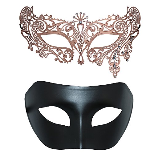 Thmyo Satz von 2 Maskerade Maske des Paares, venezianische Halloween-Ball-Abschlussball-Kostüm-Maske (Rose Gold + Schwarz 3) von Thmyo