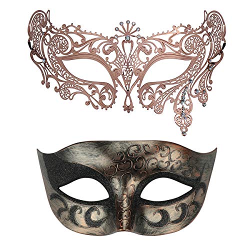 Thmyo Set mit 2 Paar Maskerade Maske, venezianische Halloween Ball Prom Kostüme Maske (Antikes Kupfer + Rotgold) von Thmyo