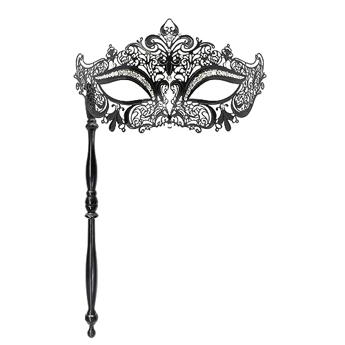 Thmyo Venezianische Maske aus lasergeschnittenem Metall mit Haltestab, venezianischer Karnevalsmaske aus Metall, Strass-Maske für Frauen, 9MI0715WI12F, Maks-4 von Thmyo