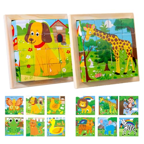 Thoquene WüRfelpuzzle Holzpuzzle, 6 in 1 Tier-Motive Montessori Spielzeug Ab 2 Jahre, Kinderspielzeug für Jungen und Mädchen von Thoquene