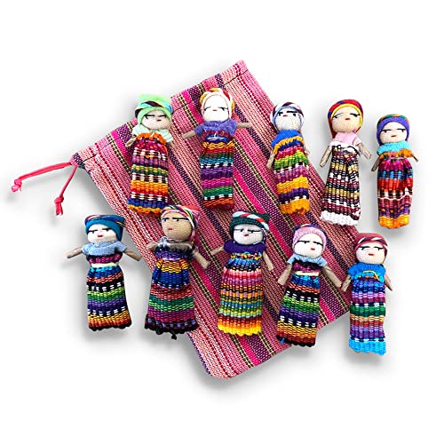 Thorness 10er Set guatemalische handgefertigte Sorgenpuppe mit farbenfroher Aufbewahrungstasche | Sorgenpuppen für Mädchen & Jungen | Angstpuppen | Guatamalan Doll von Thorness