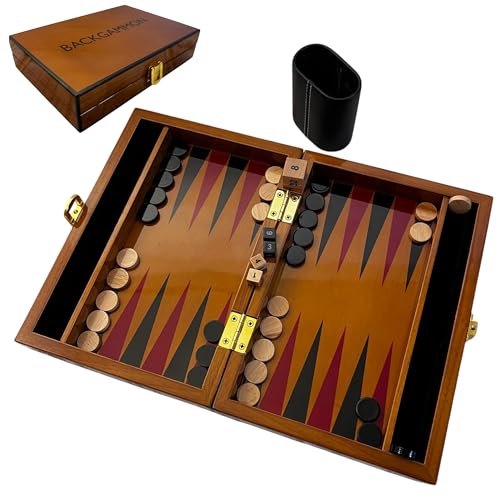 Deluxe Backgammon-Set aus lackiertem Holz, 30 cm, mit hochwertigem Leder-Würfelbecher mit lackierten Holzspielchips von Thorness