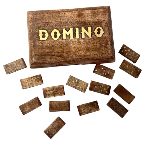 Handgefertigtes Domino-Set aus Holz mit Messing-Inlay, 28 klassische Spielsteine, 15 cm x 10 cm, inklusive Aufbewahrungsbox aus Holz, elegantes Tischspiel von Thorness