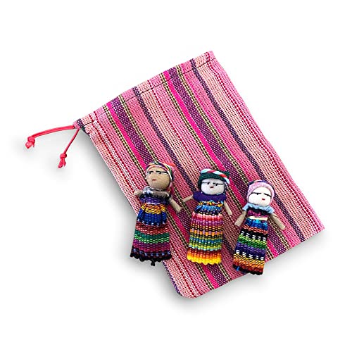 Thorness Set mit 3 Guatemalanischen handgefertigten Sorgenpuppen mit Einer bunt gearbeiteten Aufbewahrungstasche | Sorgenpuppen für Mädchen | Sorgenpuppen für Jungen von Thorness