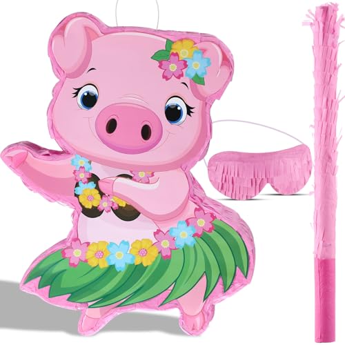 Kleine Schwein Pinata Hawaii Party Dekoration Rosa Schweine Pinata mit Augenbinde Konfetti für Kinder Sommer Hawaii Aloha Tropische Themen Geburtstag Party Zubehör, 16,5 x 12,4 x 3,1 Zoll von Threan