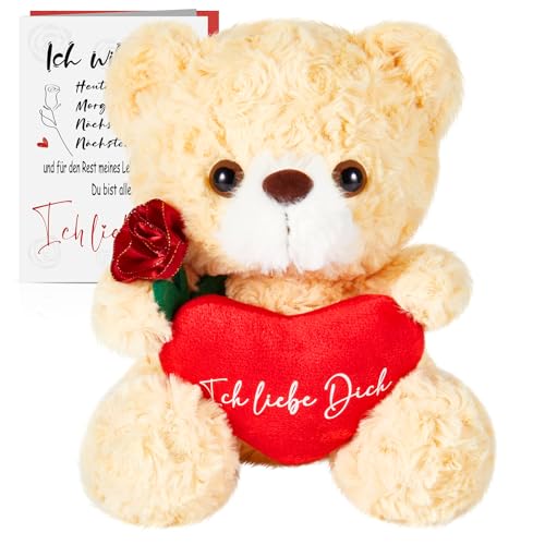 Threan Teddy Plüschbär Ich Liebe Dich 22 cm Plüschbär mit Liebeskarte Kuschelbär mit Herz Stofftier Bär für Freundin Partnerin Ehefrau Liebesgeschenk für Geburtstag Jubiläum Valentinstag Weihnachten von Threan