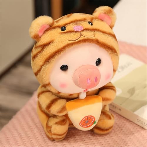 Schwein Plüschtier Kuscheltier, Boba Stofftier Schwein mit Bubble Tea Cup Plüsch Spielzeug Plüschpuppen Weich Kissen Geschenk Kinderspielzeug (Tiger,25 cm) von Threegoat