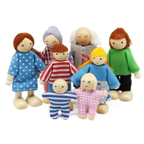 Threegoat Puppenhaus Puppenfamilie Set, Holz 8 Personen Figuren Puppen Spielset für Puppenhaus Zubehör Mädchen Kinder Kinder Spielzeug Geschenk von Threegoat