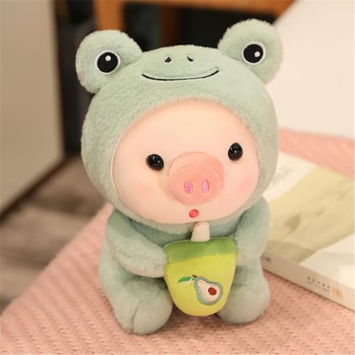 Threegoat Schwein Plüschtier Kuscheltier, Boba Stofftier Schwein mit Bubble Tea Cup Plüsch Spielzeug Plüschpuppen Weich Kissen Geschenk Kinderspielzeug (Frosch,25 cm) von Threegoat