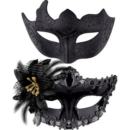 Threegoat Venezianische Maske, für Paare, Damen, Herren, Ball, Augenmaske, für Halloween, Maskerade, Karneval, Schwarz, 2 Stück von Threegoat