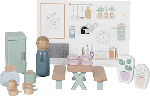 Little Dutch Puppenhaus-Zusatzset 19-teilig - Küche: Holz Puppenhaus Spielset, Ab 3 Jahre, Püppchen Papa, Tisch, Stühle, Kühlschrank, Toaster, Teekanne, Teller, Pfannen, Zimmerpflanzen, Stickerbogen von Little Dutch