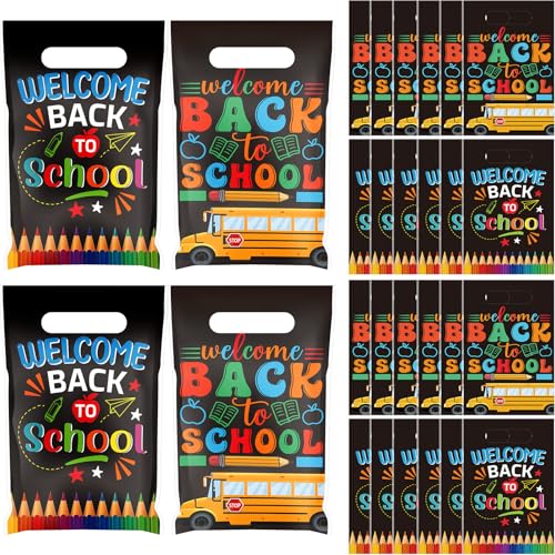 Tiangrid 48 Stück "Welcome Back to School" Kunststoff-Geschenktüten für den ersten Schultag, bunte Bleistifte und Schulbus, Süßigkeitentüten, Schulanfang, Partygeschenktüten mit Griff, für Jungen und von Tiangrid