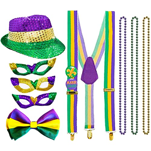 Tianher 1920er Buntes Kostüm Zubehör Set aus Pailletten,Jazz Hut，Maskerade Maske，Fliege，Hosenträger，Halskette für Karneval, Themenpartys, Heiligabend, Silvester von Tianher