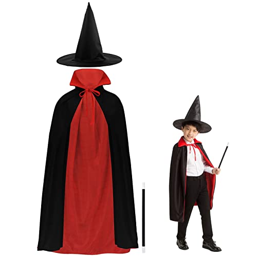 Tianher Halloween Zauberer Kostüm, Zauberer Cosplay Kostüm 3-teiliges Set bestehend aus Zauberstab Umhang und Zauberhut Passend für Halloween Karneval Maskerade Party (Größe des Kindes) von Tianher