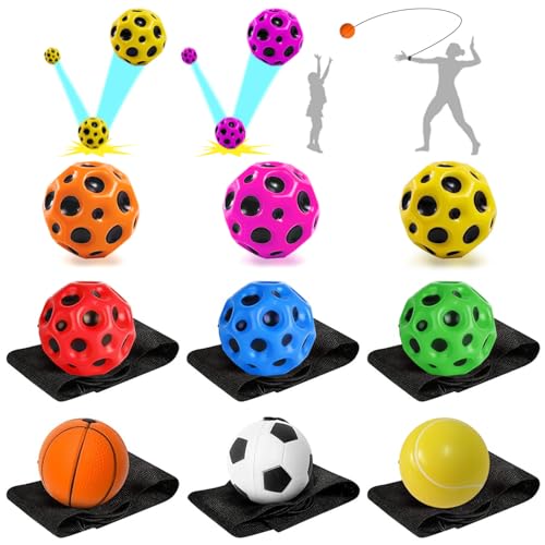 Tianher Ball mit Schnur, 9 Stück Astro Jump Ball springball for Kinder Moon Ball Handgelenk Ball Mit Schnur for Kids Party Gift von Tianher