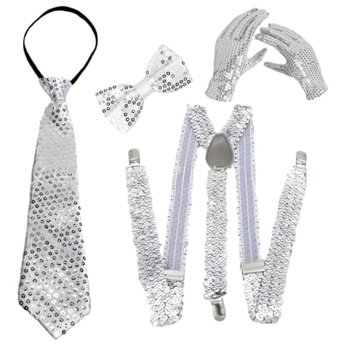 TiaoBug 70er Jahre Disco Kostüm Glitzernde Pailletten Jazz Hut Krawatte Handschuhe Hosenträger Für Disco Partys Musikfestivals Typ A Silber 4 Stück Einheitsgröße TiaoBug 70er Jahre Disco Kostüm Glitzernde Pailletten Jazz Hut Krawatte Handschuhe Hosenträger Für Disco Partys Musikfestivals Typ A Silber 4 Stück Einheitsgröße von TiaoBug