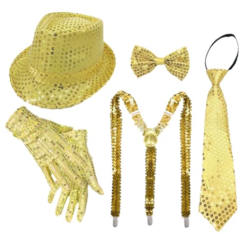 TiaoBug 70er Jahre Disco Kostüm Glitzernde Pailletten Jazz Hut Krawatte Handschuhe Hosenträger Für Disco Partys Musikfestivals Typ C Gold 5 Stück Einheitsgröße TiaoBug 70er Jahre Disco Kostüm Glitzernde Pailletten Jazz Hut Krawatte Handschuhe Hosenträger Für Disco Partys Musikfestivals Typ C Gold 5 Stück Einheitsgröße von TiaoBug