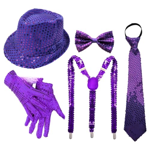 TiaoBug 70er Jahre Disco Kostüm Glitzernde Pailletten Jazz Hut Krawatte Handschuhe Hosenträger Für Disco Partys Musikfestivals Typ C Lila 5 Stück Einheitsgröße TiaoBug 70er Jahre Disco Kostüm Glitzernde Pailletten Jazz Hut Krawatte Handschuhe Hosenträger Für Disco Partys Musikfestivals Typ C Lila 5 Stück Einheitsgröße von TiaoBug