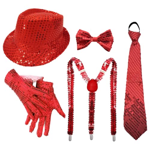 TiaoBug 70er Jahre Disco Kostüm Glitzernde Pailletten Jazz Hut Krawatte Handschuhe Hosenträger Für Disco Partys Musikfestivals Typ C Rot 5 Stück Einheitsgröße TiaoBug 70er Jahre Disco Kostüm Glitzernde Pailletten Jazz Hut Krawatte Handschuhe Hosenträger Für Disco Partys Musikfestivals Typ C Rot 5 Stück Einheitsgröße von TiaoBug