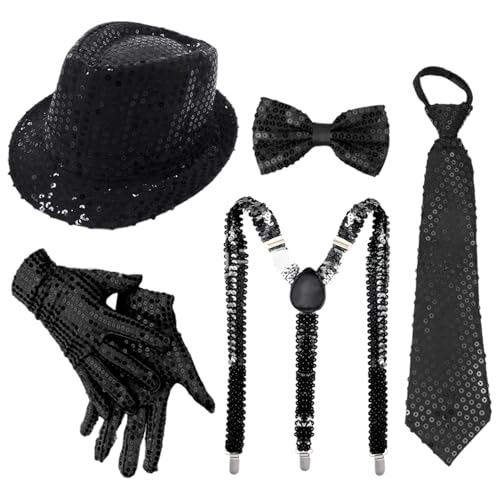 TiaoBug 70er Jahre Disco Kostüm Glitzernde Pailletten Jazz Hut Krawatte Handschuhe Hosenträger Für Disco Partys Musikfestivals Typ C Schwarz 5 Stück Einheitsgröße TiaoBug 70er Jahre Disco Kostüm Glitzernde Pailletten Jazz Hut Krawatte Handschuhe Hosenträger Für Disco Partys Musikfestivals Typ C Schwarz 5 Stück Einheitsgröße von TiaoBug