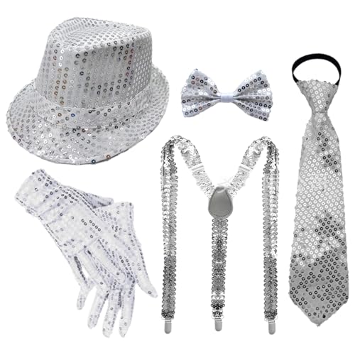 TiaoBug 70er Jahre Disco Kostüm Glitzernde Pailletten Jazz Hut Krawatte Handschuhe Hosenträger Für Disco Partys Musikfestivals Typ C Silber 5 Stück Einheitsgröße TiaoBug 70er Jahre Disco Kostüm Glitzernde Pailletten Jazz Hut Krawatte Handschuhe Hosenträger Für Disco Partys Musikfestivals Typ C Silber 5 Stück Einheitsgröße von TiaoBug