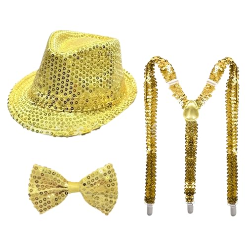 TiaoBug 70er Jahre Disco Kostüm Glitzernde Pailletten Jazz Hut Krawatte Handschuhe Hosenträger Für Disco Partys Musikfestivals Typ D Gold 3 Stück Einheitsgröße TiaoBug 70er Jahre Disco Kostüm Glitzernde Pailletten Jazz Hut Krawatte Handschuhe Hosenträger Für Disco Partys Musikfestivals Typ D Gold 3 Stück Einheitsgröße von TiaoBug