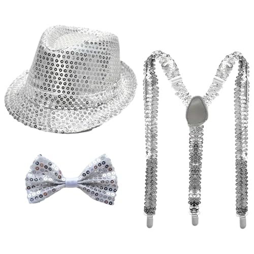 TiaoBug 70er Jahre Disco Kostüm Glitzernde Pailletten Jazz Hut Krawatte Handschuhe Hosenträger Für Disco Partys Musikfestivals Typ D Silber 3 Stück Einheitsgröße TiaoBug 70er Jahre Disco Kostüm Glitzernde Pailletten Jazz Hut Krawatte Handschuhe Hosenträger Für Disco Partys Musikfestivals Typ D Silber 3 Stück Einheitsgröße von TiaoBug