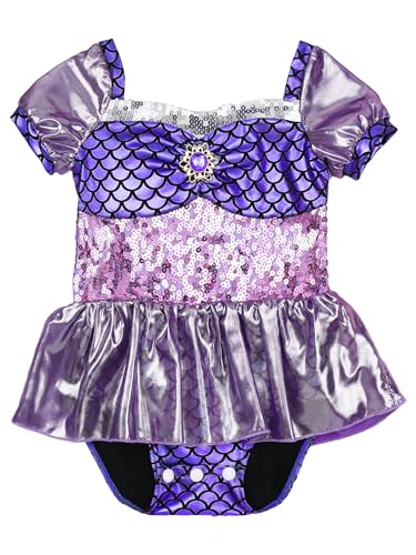 TiaoBug Baby Mädchen Meerjungfrau Kostüm Metallic Fischschuppen Kleid Kurzarm Body mit Volants Rock Prinzessin Halloween Cosplay Outfits Violett 104-110 von TiaoBug