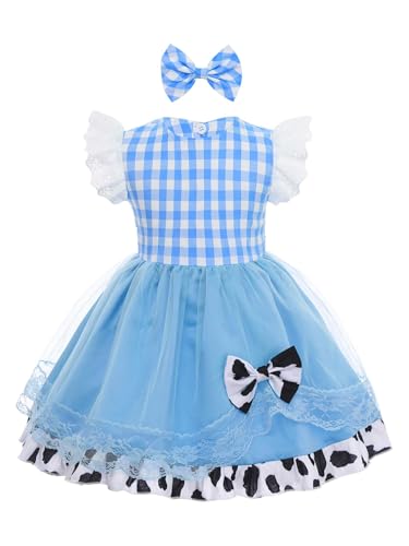 TiaoBug Baby Mädchen Tutu Kleid Festlich Kariert Prinzessin Partykleid Spitzen Puffärmel Festkleider Kuh Flecken Schleife Stirnband Hochzeits Geburtstag Outfits Blau 68-80 von TiaoBug