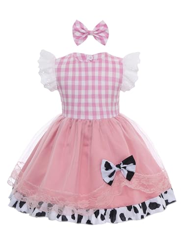 TiaoBug Baby Mädchen Tutu Kleid Festlich Kariert Prinzessin Partykleid Spitzen Puffärmel Festkleider Kuh Flecken Schleife Stirnband Hochzeits Geburtstag Outfits Rosa 68-80 von TiaoBug