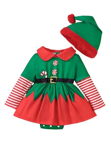 TiaoBug Baby Mädchen Weihnachtselfen Elfen Kostüm Langarm Kleid mit Tutu Rock Weihnachtsmütze Kleinkinder 1. Weihnachten Outfits Weihnachtskleidung Grün 50-56 von TiaoBug