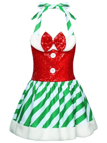 TiaoBug Baby Mädchen Weihnachtskostüm Pailletten Weihnachtskleider Neckholder Top und Kariert Tutu Rock mit Fliege Zierknöpfe Kunstfelz Saum Grün 50-56 von TiaoBug