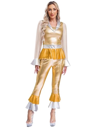 TiaoBug Damen 60er 70er Jahre Hippie Kostüm Disco Outfits Metallic T-Shirt Farbblock Tee mit Volants Revers Hemd + Glänzend Schlaghose Flared Jazz Pants Clubwear Gold 3XL von TiaoBug