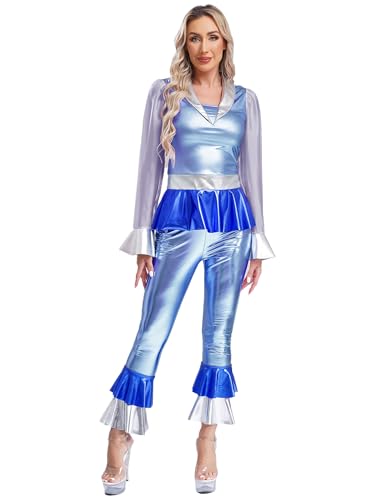 TiaoBug Damen 60er 70er Jahre Hippie Kostüm Disco Outfits Metallic T-Shirt Farbblock Tee mit Volants Revers Hemd + Glänzend Schlaghose Flared Jazz Pants Clubwear Hellblau XL von TiaoBug