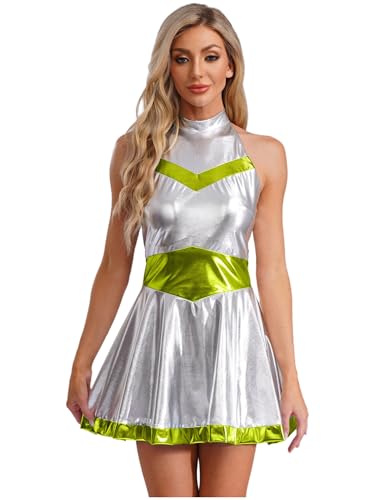 TiaoBug Damen Alien Kostüm Metallic Kleid Neckholder Rückenfrei Partykleid mit Farbblock Filmfigur Soldatin aus der Zukunst Outfits in Silber Leuchtendes Grün S von TiaoBug