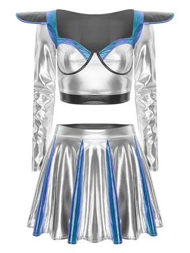 TiaoBug Damen Alien Kostüm Metallic Langarm Crop Top Kurz Bauchfrei Oberteil + Faltenrock Hoher Bund Plisseerock A Linie Glocken Teller Swing Rock Blau L von TiaoBug