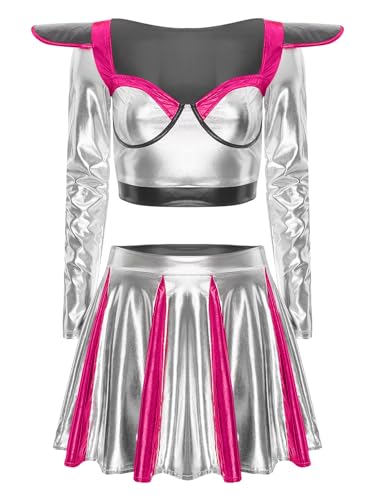 TiaoBug Damen Alien Kostüm Metallic Langarm Crop Top Kurz Bauchfrei Oberteil + Faltenrock Hoher Bund Plisseerock A Linie Glocken Teller Swing Rock Hot Pink L von TiaoBug