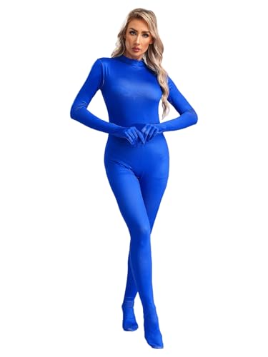 TiaoBug Damen Ballettanzug Langarm Ballett Trikot Ganzkörperanzug Einteiler Jumpsuit Overall mit Händen und Füßen Gymnastik Anzug Tanz Body Turnanzug Blau S von TiaoBug