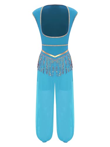 TiaoBug Damen Bauchtanz Kostüm Ärmellos Busenfrei Jumpsuit Overall mit Weite Hose Halloween Orientische Prinzessin Cosplay Outfits Blau L von TiaoBug