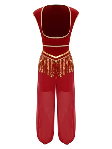 TiaoBug Damen Bauchtanz Kostüm Ärmellos Busenfrei Jumpsuit Overall mit Weite Hose Halloween Orientische Prinzessin Cosplay Outfits Rot M von TiaoBug