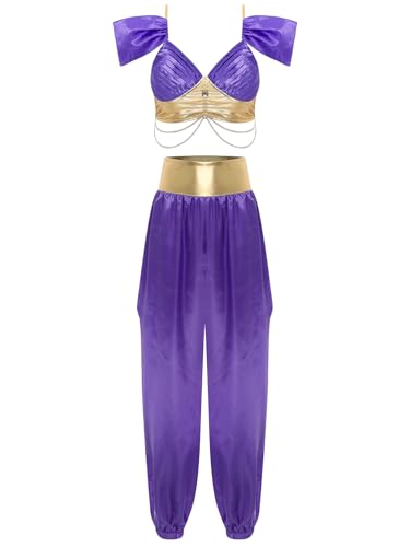 TiaoBug Damen Bauchtanz Kostüm Indische Prinzessin Bollywood BH Satin Bra und Lange Hose Arabische Bloomer Belly Dance Pants Erwachsenen Tanzkostüm Violett XXL von TiaoBug