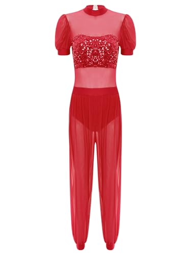 TiaoBug Damen Bauchtanz Kostüm Kurzarm Jumpsuit Mesh Pailletten Overall mit Weite Hose Beinschlitz Prinzessin Halloween Cosplay Outfits Rot S von TiaoBug