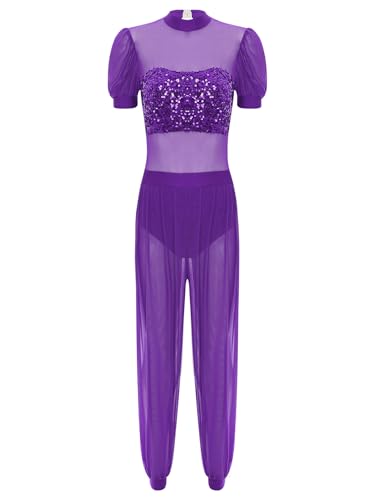 TiaoBug Damen Bauchtanz Kostüm Kurzarm Jumpsuit Mesh Pailletten Overall mit Weite Hose Beinschlitz Prinzessin Halloween Cosplay Outfits Violett L von TiaoBug