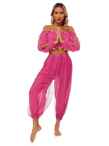 TiaoBug Damen Bauchtanz Kostüm Oberteil und Hose Langarm Schulterfrei Crop Top Shirts Bluse + Chiffon Tanzrock mit Münze Quasten Hot Pink F Einheitsgröße von TiaoBug