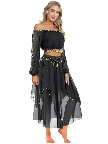 TiaoBug Damen Bauchtanz Kostüm Oberteil und Rock Langarm Schulterfrei Crop Top Shirts + Asymmetrischer Tanzrock mit Münze Quasten Schwarz Einheitsgröße von TiaoBug