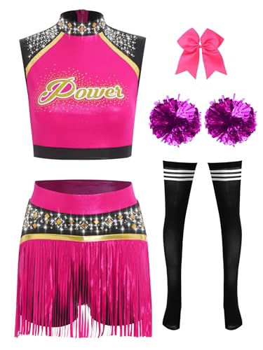 TiaoBug Damen Cheerleading Kostüm Schulmädchen Uniform Ärmelloses Crop Top und Hosenrock Fransenrock mit Kniestrümpfe Pompons Schleife Haargummi Cosplay Outfits Hot Pink XXL TiaoBug Damen Cheerleading Kostüm Schulmädchen Uniform Ärmelloses Crop Top und Hosenrock Fransenrock mit Kniestrümpfe Pompons Schleife Haargummi Cosplay Outfits Hot Pink XXL von TiaoBug