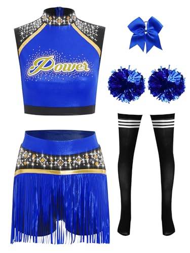 TiaoBug Damen Cheerleading Kostüm Schulmädchen Uniform Ärmelloses Crop Top und Hosenrock Fransenrock mit Kniestrümpfe Pompons Schleife Haargummi Cosplay Outfits Königsblau S TiaoBug Damen Cheerleading Kostüm Schulmädchen Uniform Ärmelloses Crop Top und Hosenrock Fransenrock mit Kniestrümpfe Pompons Schleife Haargummi Cosplay Outfits Königsblau S von TiaoBug
