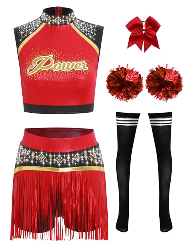 TiaoBug Damen Cheerleading Kostüm Schulmädchen Uniform Ärmelloses Crop Top und Hosenrock Fransenrock mit Kniestrümpfe Pompons Schleife Haargummi Cosplay Outfits Rot M TiaoBug Damen Cheerleading Kostüm Schulmädchen Uniform Ärmelloses Crop Top und Hosenrock Fransenrock mit Kniestrümpfe Pompons Schleife Haargummi Cosplay Outfits Rot M von TiaoBug