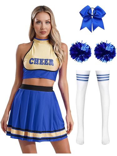 TiaoBug Damen Cheerleading Kostüm Schulmädchen Uniform Crop Top und Faltenrock Minirock mit Kniestrümpfe Pompons Schleife Haargummi Cosplay Outfits Blau XL von TiaoBug